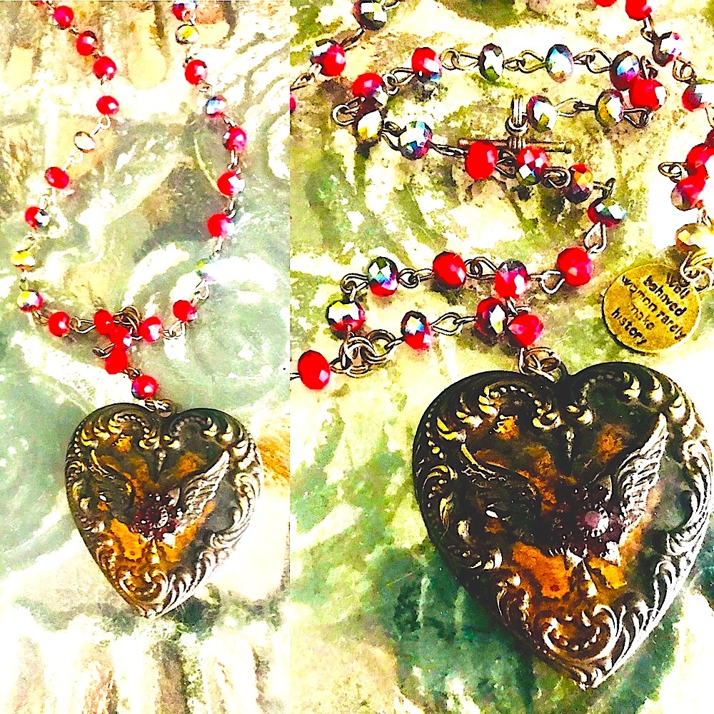 Antiqued Gold Swarovski Red Crystal Winged Heart Valentine Beaded Necklace